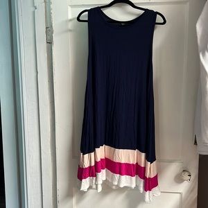 Navy dress with pink white and pockets